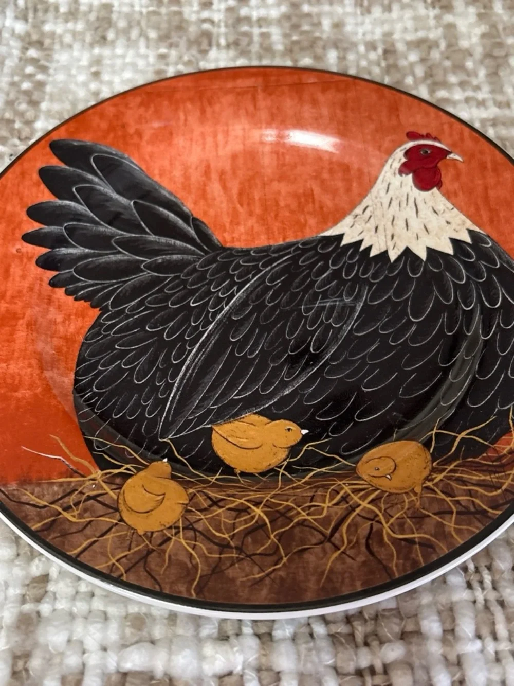 Hand-Painted Hen and Chicks Ceramic Plate in Orange and Black